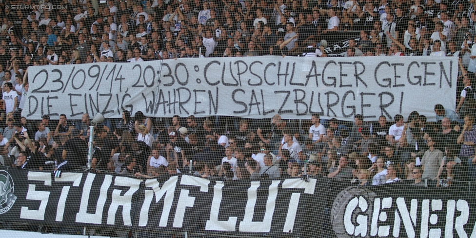 Sturm Graz - Austria Wien
Oesterreichische Fussball Bundesliga, 5. Runde, SK Sturm Graz - FK Austria Wien, Stadion Liebenau Graz, 17.08.2014. 

Foto zeigt Fans von Sturm mit einem Spruchband
