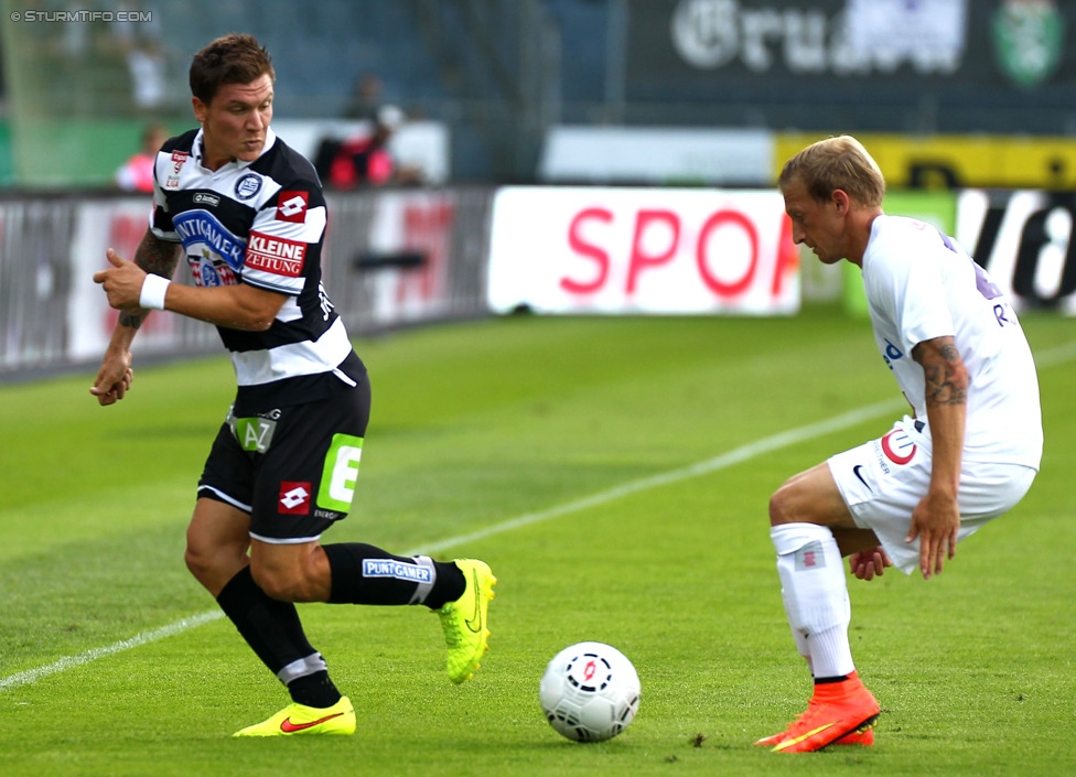 Sturm Graz - Austria Wien
Oesterreichische Fussball Bundesliga, 5. Runde, SK Sturm Graz - FK Austria Wien, Stadion Liebenau Graz, 17.08.2014. 

Foto zeigt Marko Stankovic (Sturm) und Daniel Royer (Austria)
