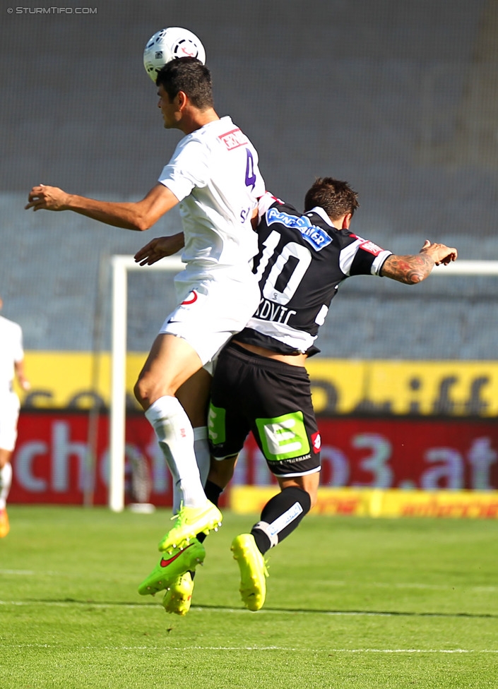 Sturm Graz - Austria Wien
Oesterreichische Fussball Bundesliga, 5. Runde, SK Sturm Graz - FK Austria Wien, Stadion Liebenau Graz, 17.08.2014. 

Foto zeigt Vanche Shikov (Austria) und Marko Stankovic (Sturm)
Schlüsselwörter: kopfball