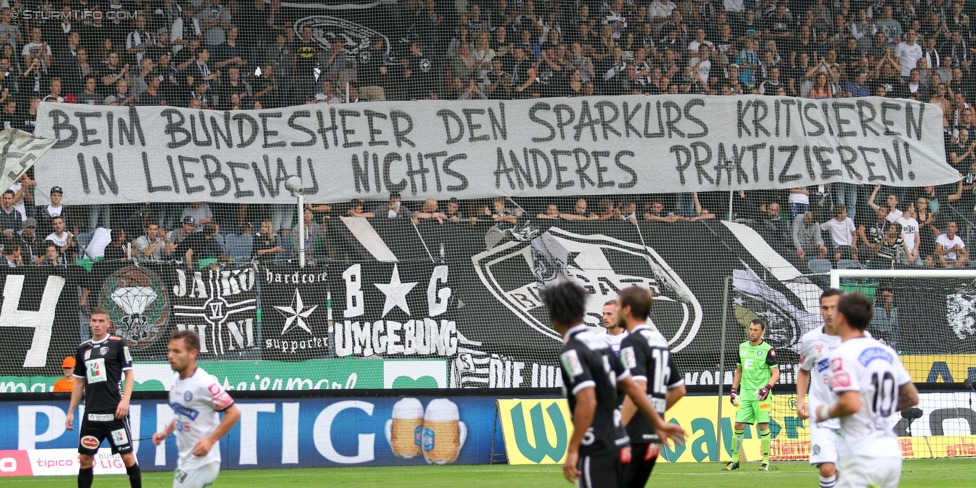 Sturm Graz - Wolfsberg
Oesterreichische Fussball Bundesliga, 6. Runde, SK Sturm Graz - Wolfsberger AC, Stadion Liebenau Graz, 23.08.2014. 

Foto zeigt Fans von Sturm mit einem Spruchband
Schlüsselwörter: protest