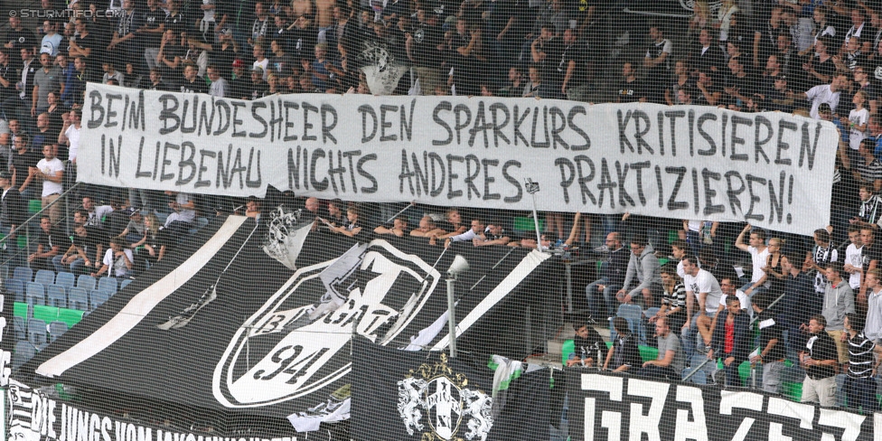 Sturm Graz - Wolfsberg
Oesterreichische Fussball Bundesliga, 6. Runde, SK Sturm Graz - Wolfsberger AC, Stadion Liebenau Graz, 23.08.2014. 

Foto zeigt Fans von Sturm mit einem Spruchband
Schlüsselwörter: protest