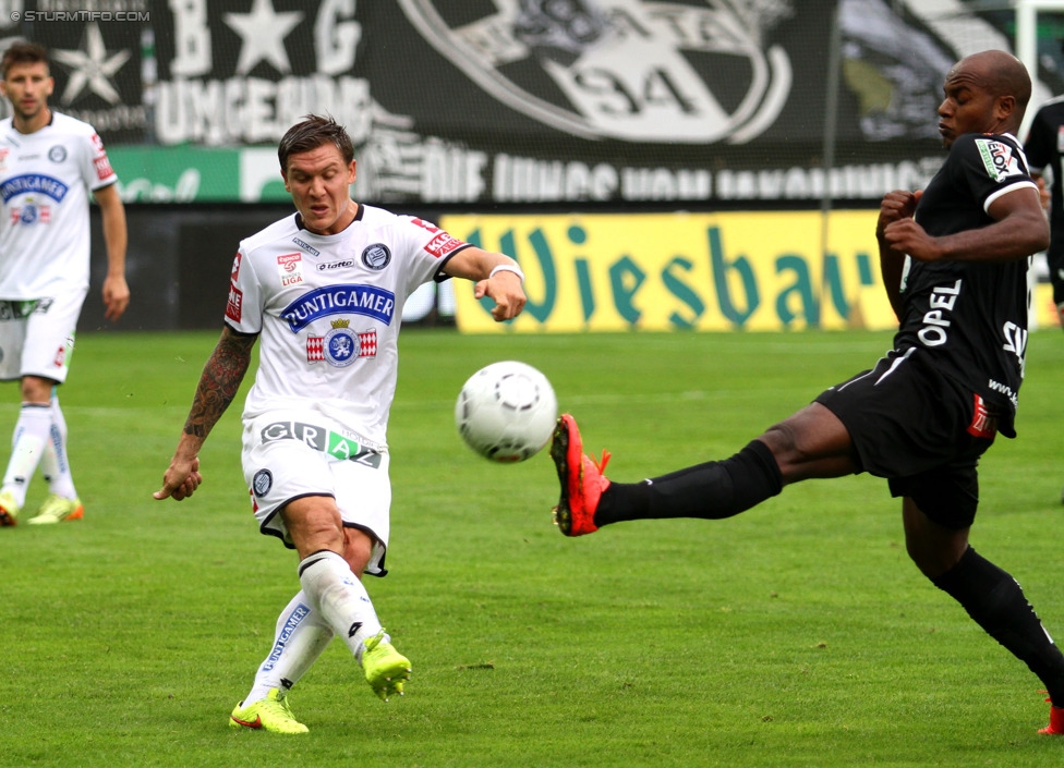 Sturm Graz - Wolfsberg
Oesterreichische Fussball Bundesliga, 6. Runde, SK Sturm Graz - Wolfsberger AC, Stadion Liebenau Graz, 23.08.2014. 

Foto zeigt Marko Stankovic (Sturm) und Silvio Carlos De Oliveira (Wolfsberg)
