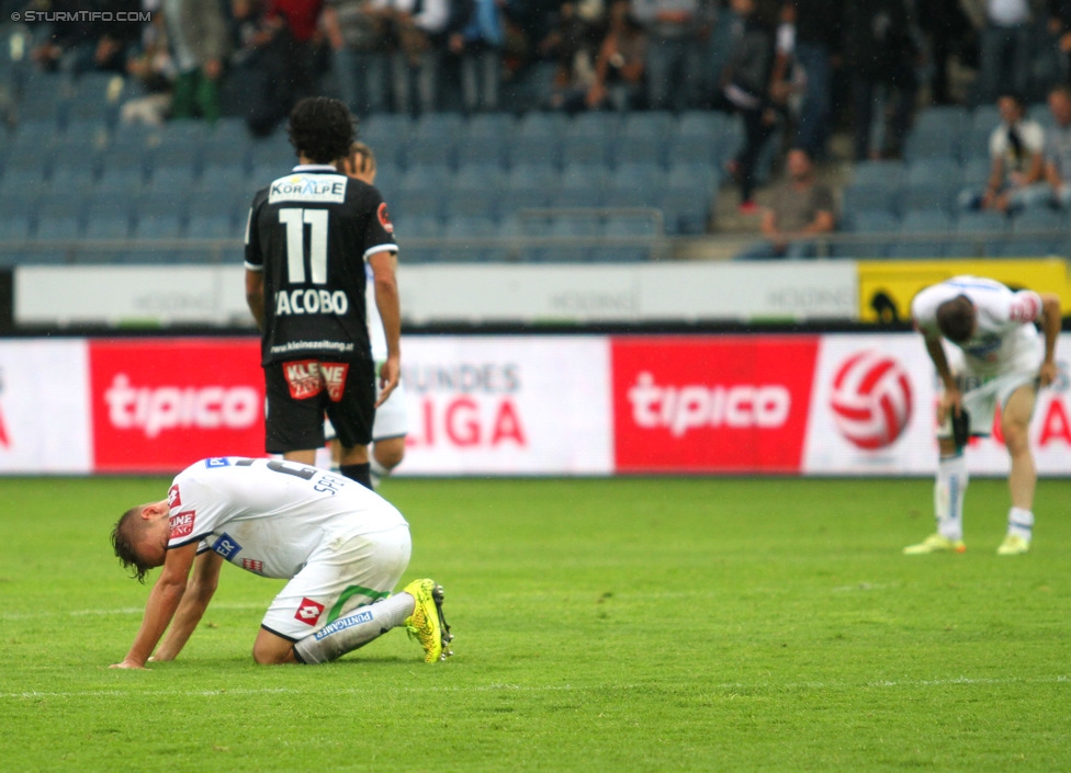 Sturm Graz - Wolfsberg
Oesterreichische Fussball Bundesliga, 6. Runde, SK Sturm Graz - Wolfsberger AC, Stadion Liebenau Graz, 23.08.2014. 

Foto zeigt Lukas Spendlhofer (Sturm) und Jacobo Maria Yncian Pajares (Wolfsberg)
