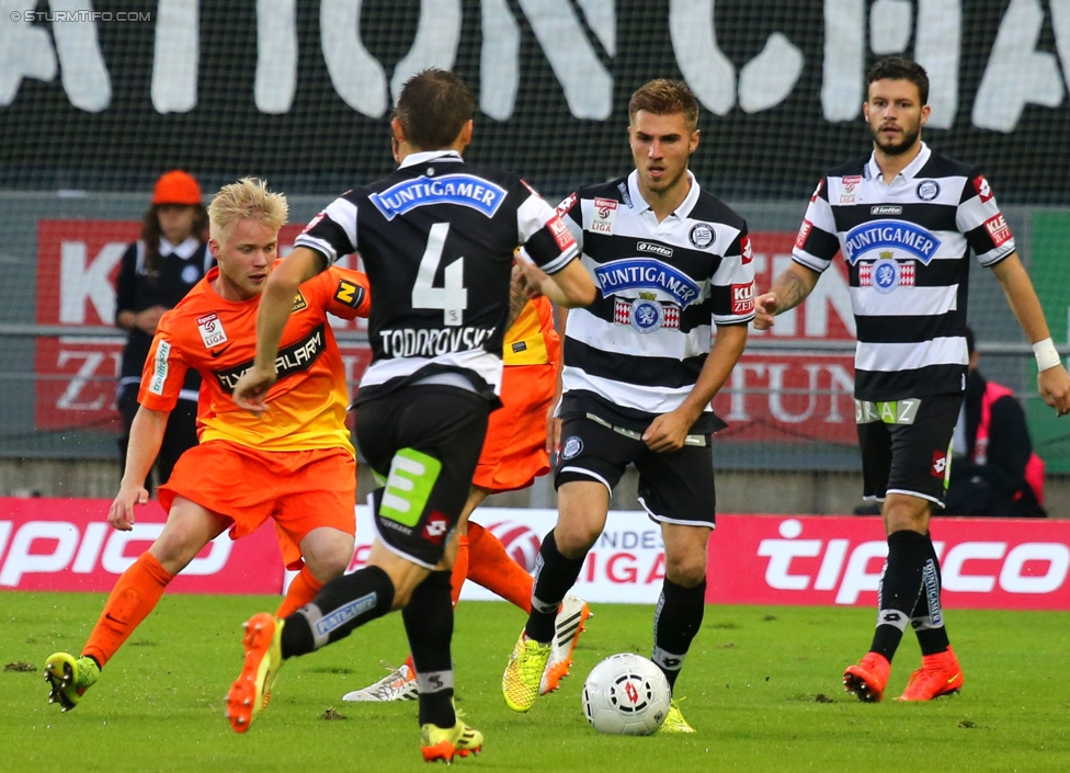 Sturm Graz - Admira Wacker
Oesterreichische Fussball Bundesliga, 8. Runde, SK Sturm Graz - FC Admira Wacker Moedling, Stadion Liebenau Graz, 13.09.2014. 

Foto zeigt Aleksandar Todorovski (Sturm), Thorsten Schick (Sturm) und Marco Djuricin (Sturm)
