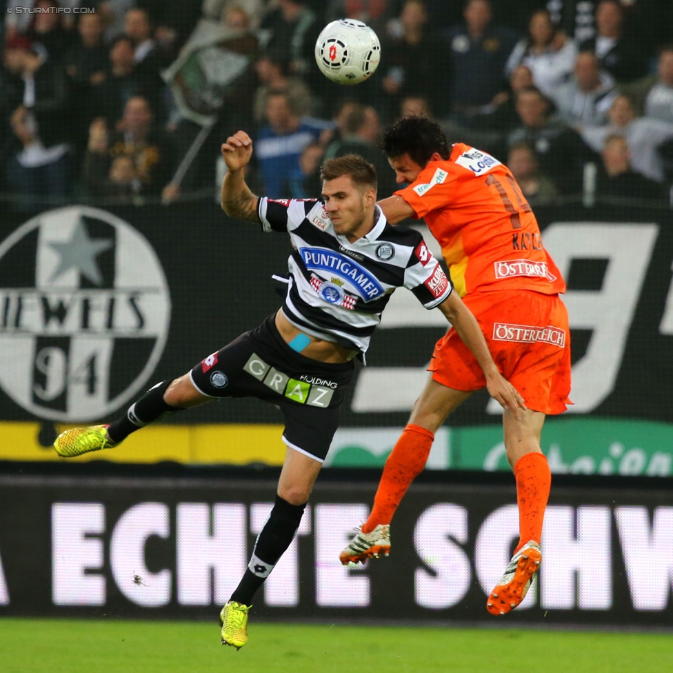 Sturm Graz - Admira Wacker
Oesterreichische Fussball Bundesliga, 8. Runde, SK Sturm Graz - FC Admira Wacker Moedling, Stadion Liebenau Graz, 13.09.2014. 

Foto zeigt Thorsten Schick (Sturm) und Markus Katzer (Admira)
Schlüsselwörter: kopfball