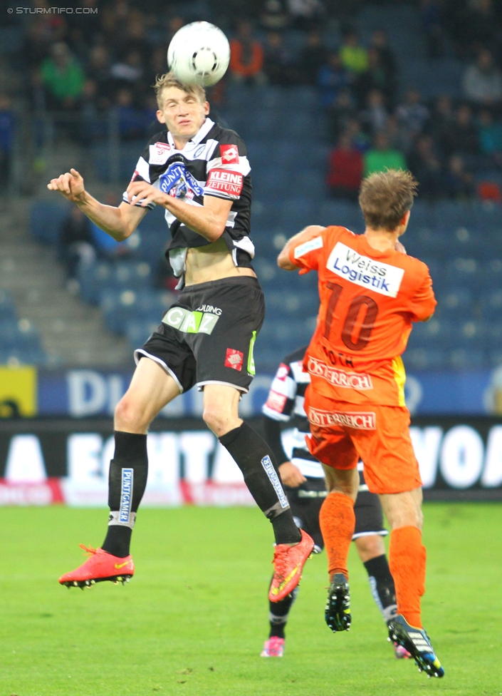 Sturm Graz - Admira Wacker
Oesterreichische Fussball Bundesliga, 8. Runde, SK Sturm Graz - FC Admira Wacker Moedling, Stadion Liebenau Graz, 13.09.2014. 

Foto zeigt Simon Piesinger (Sturm) und Daniel Toth (Admira)
