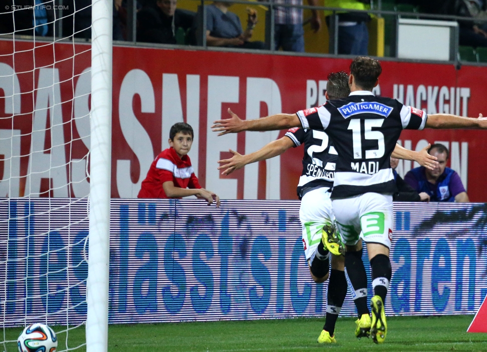 Ried - Sturm Graz
Oesterreichische Fussball Bundesliga, 9. Runde, SV Ried - SK Sturm Graz, Arena Ried, 20.09.2014. 

Foto zeigt Lukas Spendlhofer (Sturm) und Michael Madl (Sturm)
Schlüsselwörter: torjubel