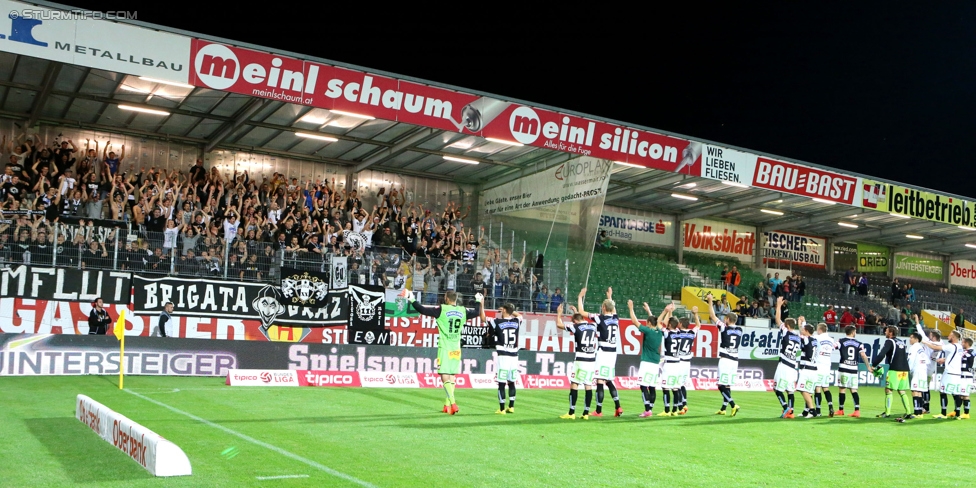 Ried - Sturm Graz
Oesterreichische Fussball Bundesliga, 9. Runde, SV Ried - SK Sturm Graz, Arena Ried, 20.09.2014. 

Foto zeigt Fans von Sturm und die Mannschaft von Sturm
Schlüsselwörter: jubel