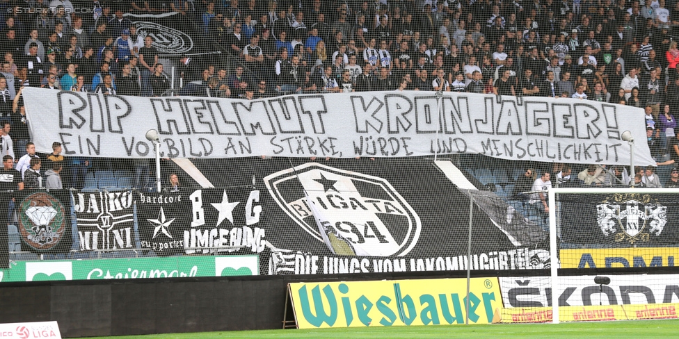 Sturm Graz - Altach
Oesterreichische Fussball Bundesliga, 10. Runde, SK Sturm Graz - SCR Altach, Stadion Liebenau Graz, 27.09.2014. 

Foto zeigt Fans von Sturm mit einem Spruchband fuer Helmut Kronjaeger
