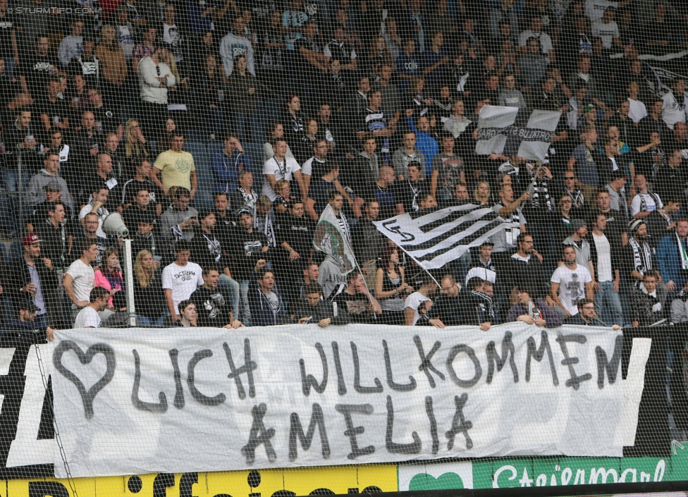 Sturm Graz - Altach
Oesterreichische Fussball Bundesliga, 10. Runde, SK Sturm Graz - SCR Altach, Stadion Liebenau Graz, 27.09.2014. 

Foto zeigt Fans von Sturm mit einem Spruchband
