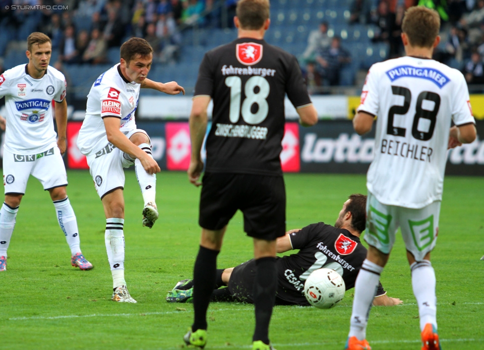 Sturm Graz - Altach
Oesterreichische Fussball Bundesliga, 10. Runde, SK Sturm Graz - SCR Altach, Stadion Liebenau Graz, 27.09.2014. 

Foto zeigt Daniel Offenbacher (Sturm), Anel Hadzic (Sturm), Jan Zwischenbrugger (Altach) und Daniel Beichler (Sturm)
