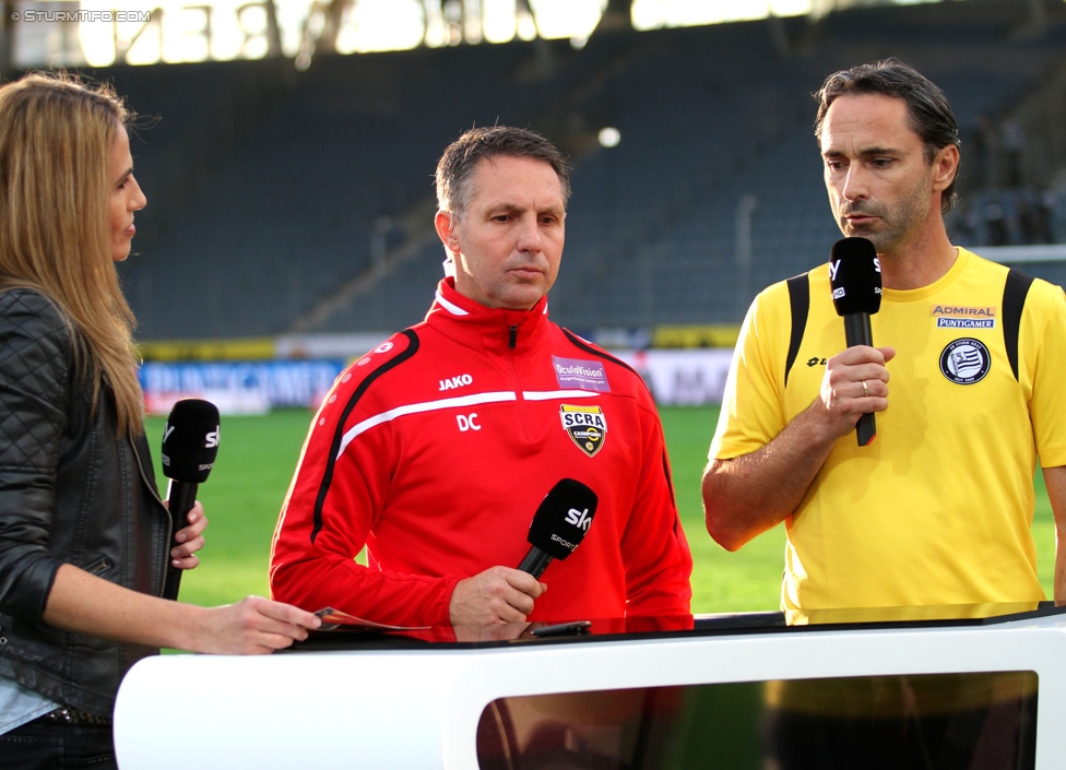 Sturm Graz - Altach
Oesterreichische Fussball Bundesliga, 10. Runde, SK Sturm Graz - SCR Altach, Stadion Liebenau Graz, 27.09.2014. 

Foto zeigt Damir Canadi (Cheftrainer Altach) und Guenther Neukirchner (Cheftrainer Sturm) beim Interview
