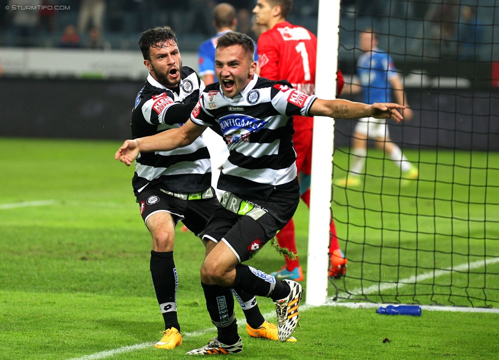 Sturm Graz - Groedig
Oesterreichische Fussball Bundesliga, 11. Runde, SK Sturm Graz - SV Groedig, Stadion Liebenau Graz, 04.10.2014. 

Foto zeigt Marco Djuricin (Sturm) und Anel Hadzic (Sturm)
Schlüsselwörter: torjubel