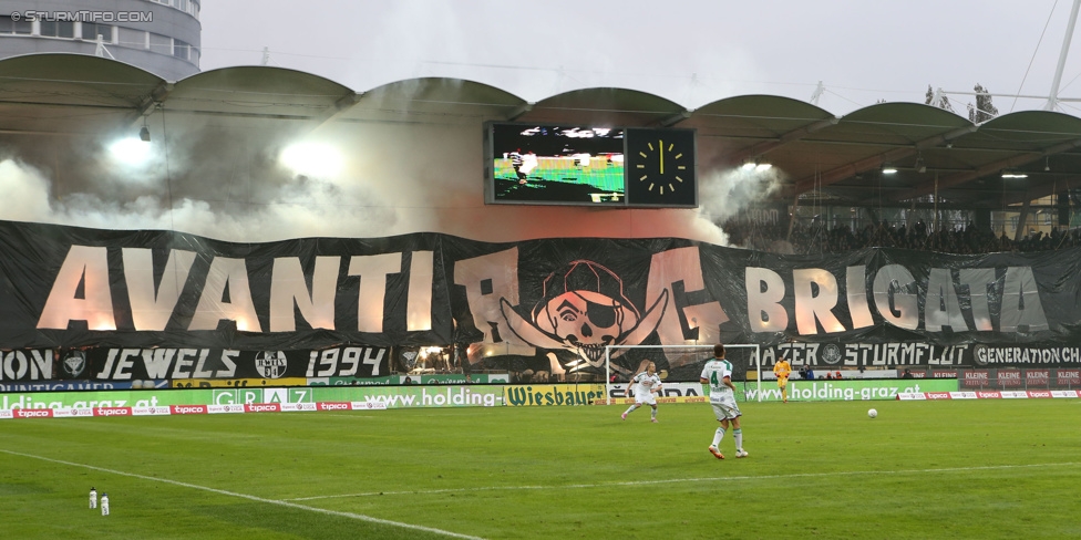 Sturm Graz - Rapid Wien
Oesterreichische Fussball Bundesliga, 13. Runde, SK Sturm Graz - SK Rapid Wien, Stadion Liebenau Graz, 25.10.2014. 

Foto zeigt Fans von Sturm mit einer Choreografie
Schlüsselwörter: pyrotechnik