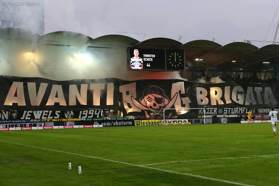 Sturm Graz - Rapid Wien
Oesterreichische Fussball Bundesliga, 13. Runde, SK Sturm Graz - SK Rapid Wien, Stadion Liebenau Graz, 25.10.2014. 

Foto zeigt Fans von Sturm mit einer Choreografie
Schlüsselwörter: pyrotechnik