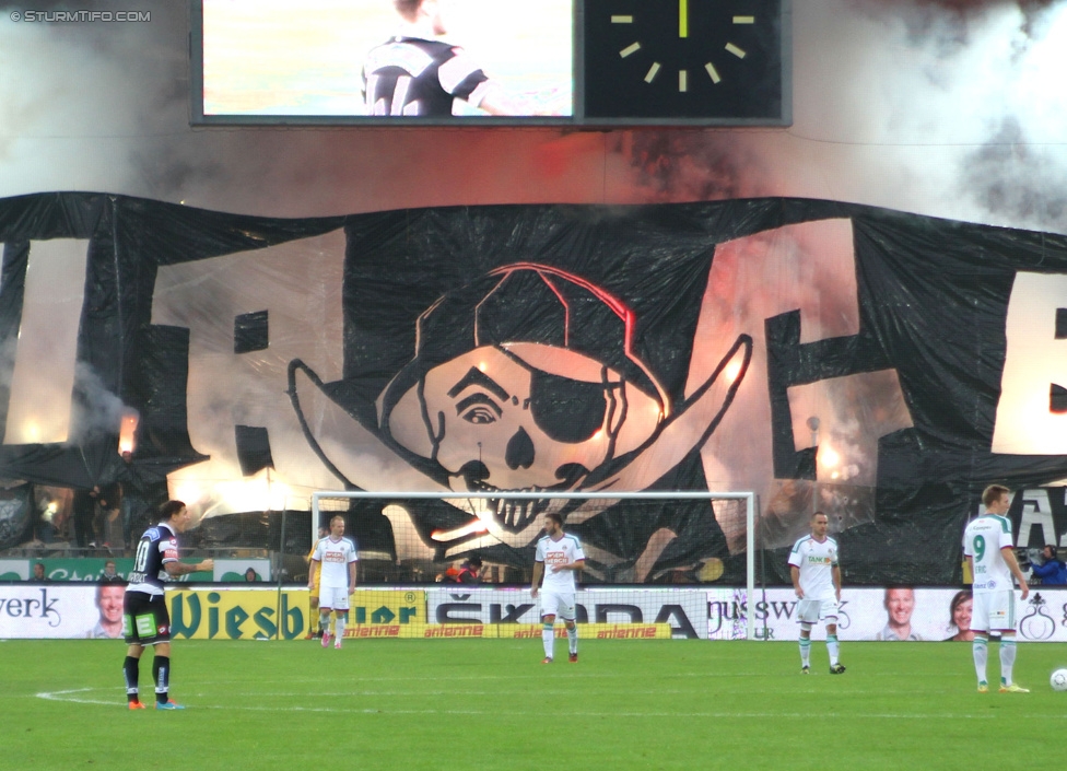 Sturm Graz - Rapid Wien
Oesterreichische Fussball Bundesliga, 13. Runde, SK Sturm Graz - SK Rapid Wien, Stadion Liebenau Graz, 25.10.2014. 

Foto zeigt Fans von Sturm mit einer Choreografie
Schlüsselwörter: pyrotechnik