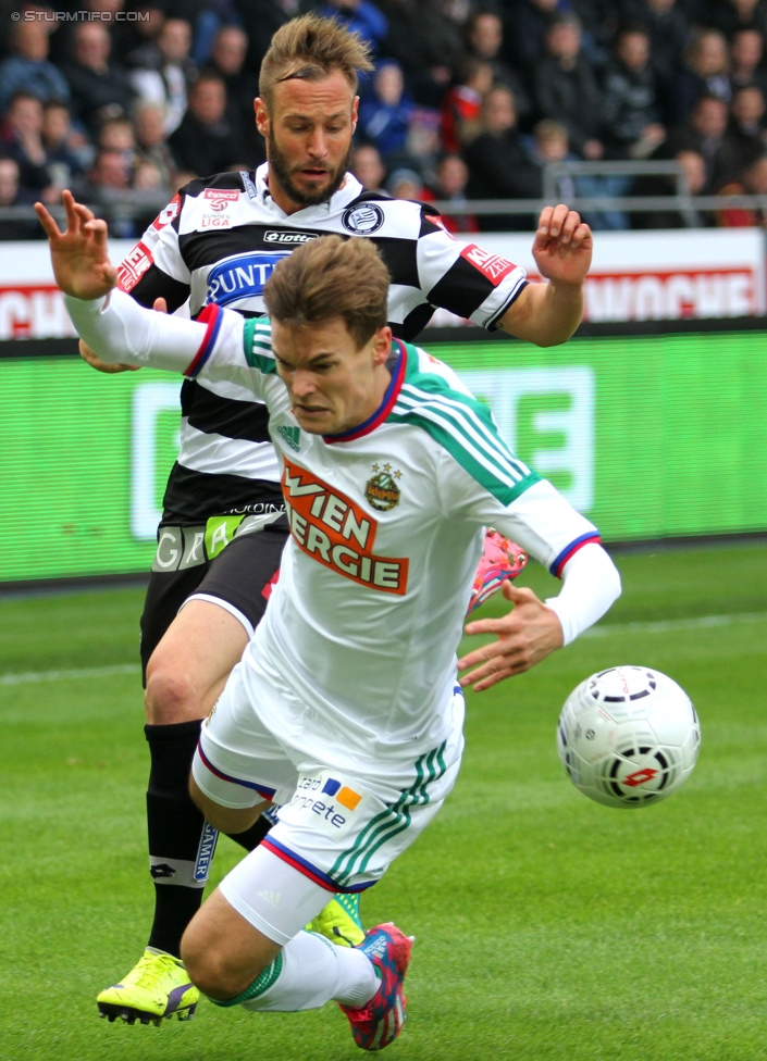 Sturm Graz - Rapid Wien
Oesterreichische Fussball Bundesliga, 13. Runde, SK Sturm Graz - SK Rapid Wien, Stadion Liebenau Graz, 25.10.2014. 

Foto zeigt Martin Ehrenreich (Sturm) und Stefan Stangl (Rapid)
