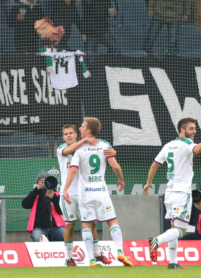 Sturm Graz - Rapid Wien
Oesterreichische Fussball Bundesliga, 13. Runde, SK Sturm Graz - SK Rapid Wien, Stadion Liebenau Graz, 25.10.2014. 

Foto zeigt Robert Beric (Rapid) und Thanos Petsos (Rapid)
Schlüsselwörter: torjubel