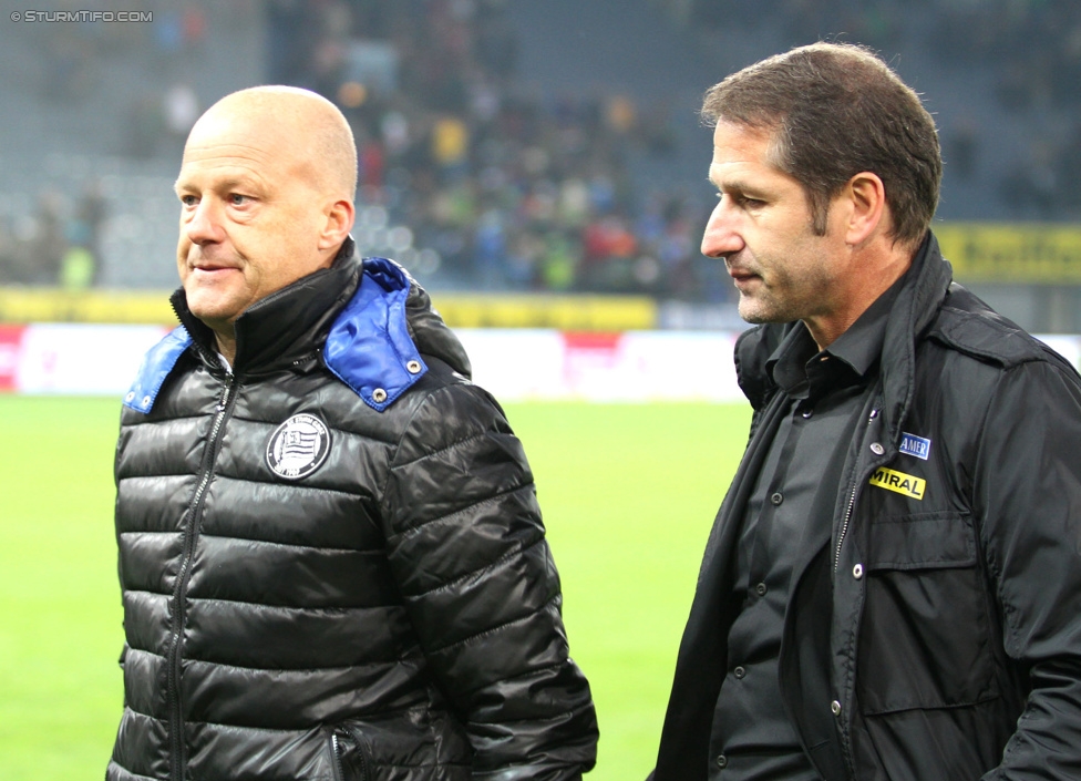 Sturm Graz - Rapid Wien
Oesterreichische Fussball Bundesliga, 13. Runde, SK Sturm Graz - SK Rapid Wien, Stadion Liebenau Graz, 25.10.2014. 

Foto zeigt Gerhard Goldbrich (General Manager Sturm) und Franco Foda (Cheftrainer Sturm)
Schlüsselwörter: nachdenklich