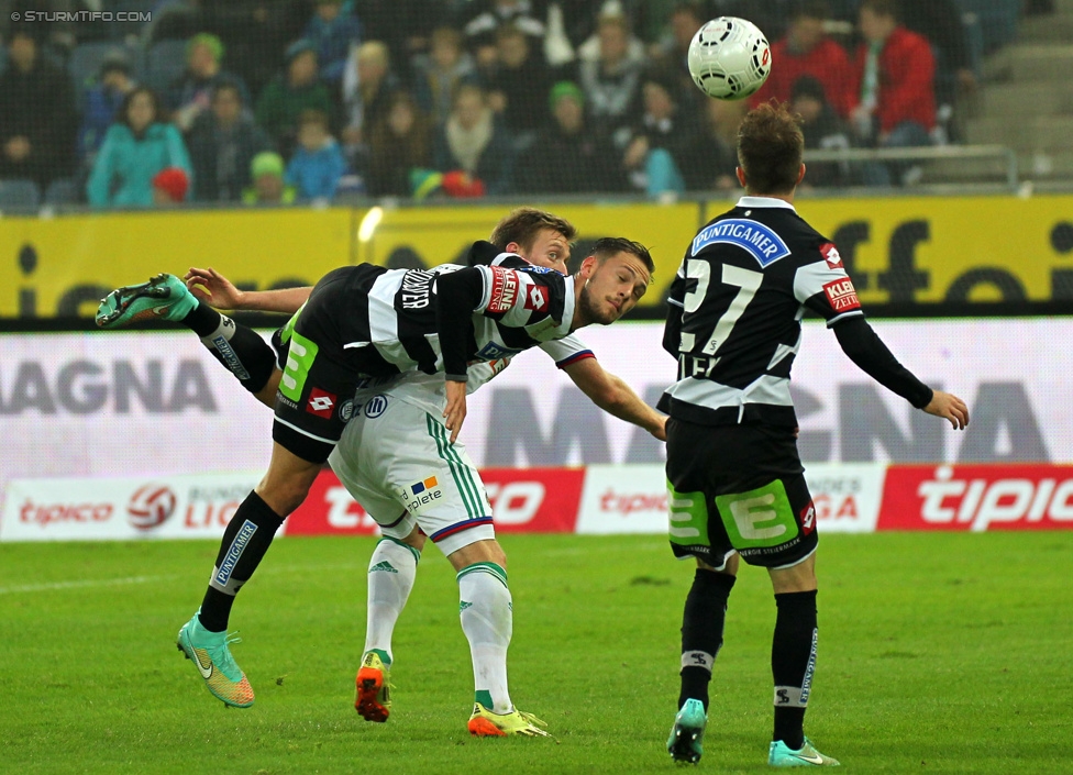 Sturm Graz - Rapid Wien
Oesterreichische Fussball Bundesliga, 13. Runde, SK Sturm Graz - SK Rapid Wien, Stadion Liebenau Graz, 25.10.2014. 

Foto zeigt Daniel Offenbacher (Sturm), Robert Beric (Rapid) und Christian Klem (Sturm)
