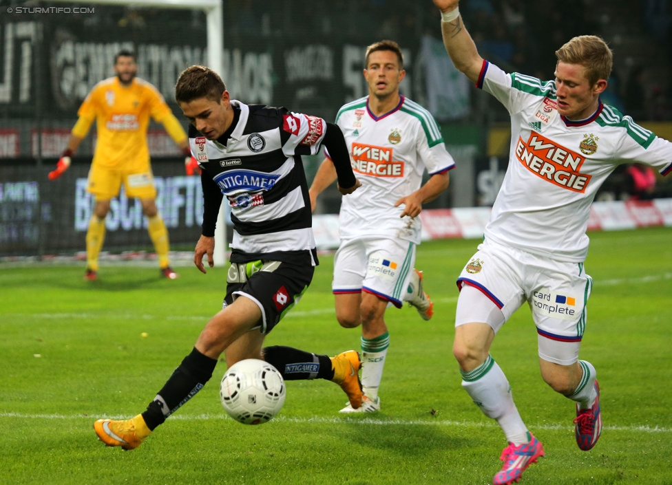 Sturm Graz - Rapid Wien
Oesterreichische Fussball Bundesliga, 13. Runde, SK Sturm Graz - SK Rapid Wien, Stadion Liebenau Graz, 25.10.2014. 

Foto zeigt Andreas Gruber (Sturm) und Florian Kainz (Rapid)
