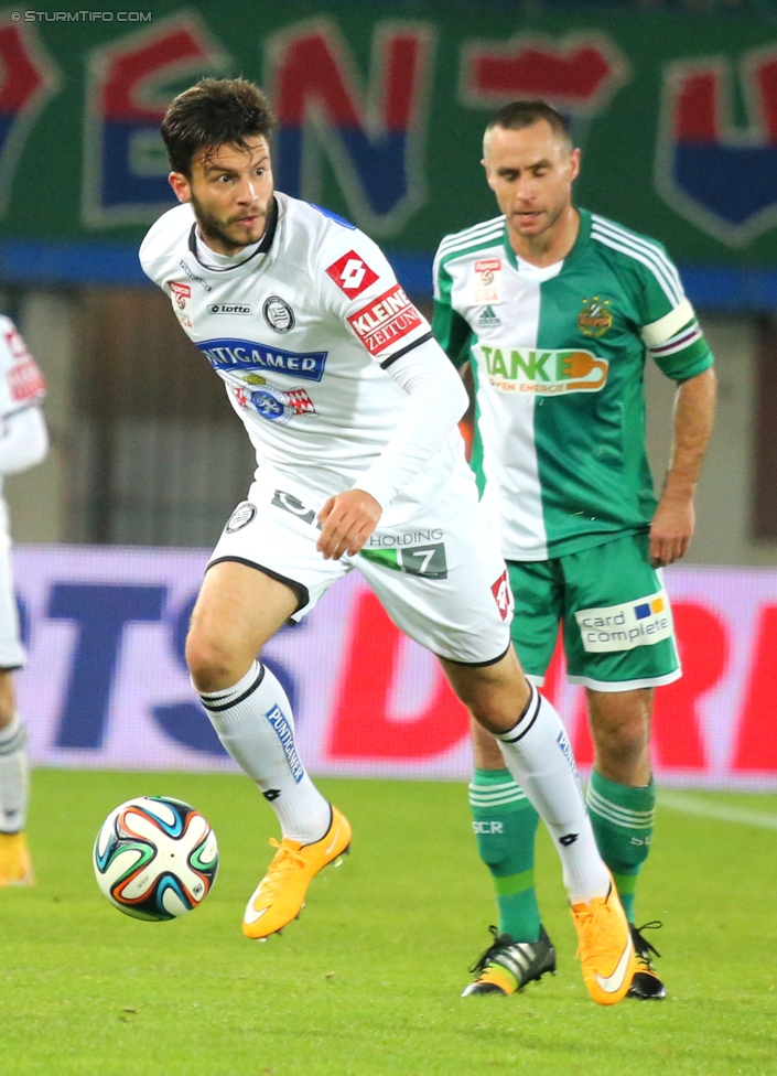 Rapid Wien - Sturm Graz
OEFB Cup, Achtelfinale, SK Rapid Wien - SK Sturm Graz, Ernst-Happel-Stadion Wien, 29.10.2014. 

Foto zeigt Marco Djuricin (Sturm) und Steffen Hofmann (Rapid)
