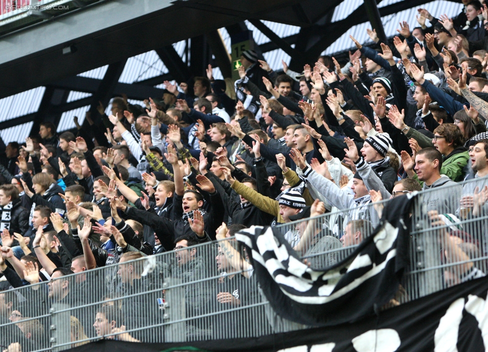 Wolfsberg - Sturm Graz
Oesterreichische Fussball Bundesliga, 15. Runde, Wolfsberger AC - SK Sturm Graz, Woertherseestadion Klagenfurt, 08.11.2014. 

Foto zeigt Fans von Sturm
