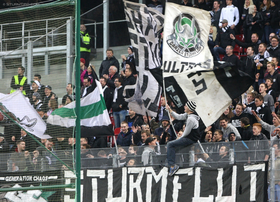 Wolfsberg - Sturm Graz
Oesterreichische Fussball Bundesliga, 15. Runde, Wolfsberger AC - SK Sturm Graz, Woertherseestadion Klagenfurt, 08.11.2014. 

Foto zeigt Fans von Sturm
