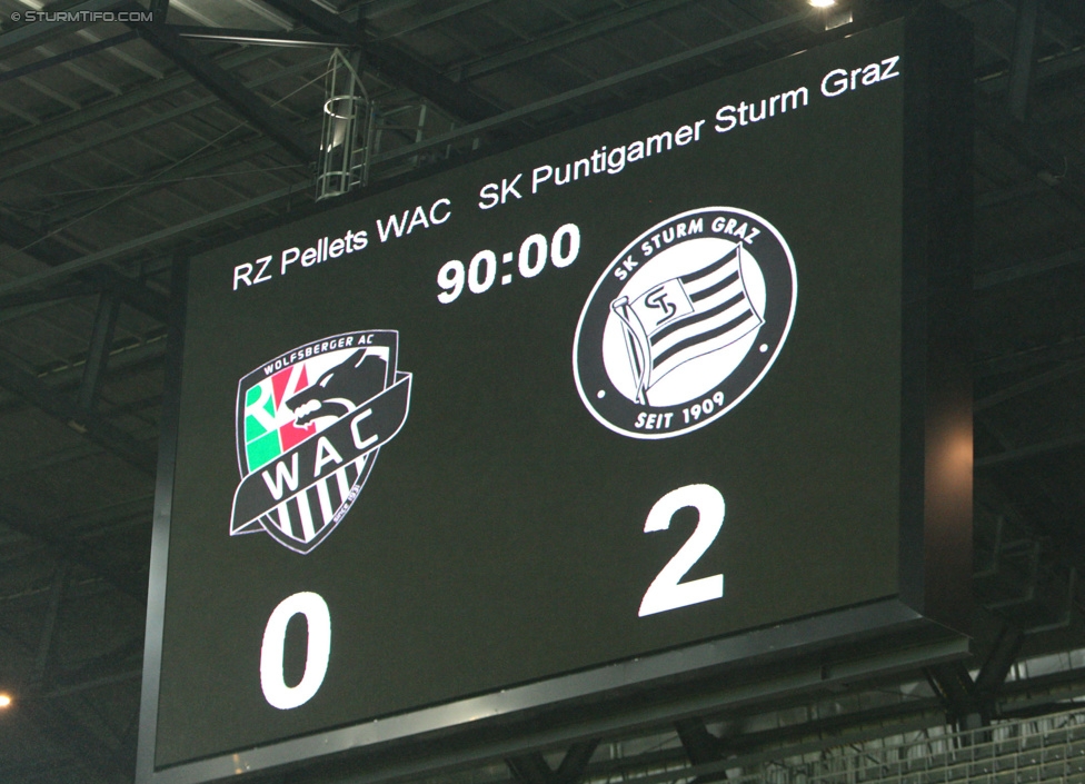 Wolfsberg - Sturm Graz
Oesterreichische Fussball Bundesliga, 15. Runde, Wolfsberger AC - SK Sturm Graz, Woertherseestadion Klagenfurt, 08.11.2014. 

Foto zeigt die Anzeigetafel
