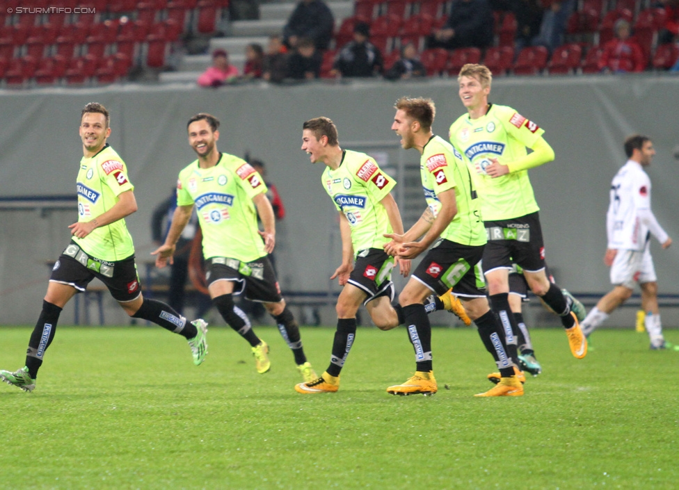 Wolfsberg - Sturm Graz
Oesterreichische Fussball Bundesliga, 15. Runde, Wolfsberger AC - SK Sturm Graz, Woertherseestadion Klagenfurt, 08.11.2014. 

Foto zeigt Daniel Offenbacher (Sturm), Michael Madl (Sturm), Andreas Gruber (Sturm), Thorsten Schick (Sturm) und Simon Piesinger (Sturm)
Schlüsselwörter: torjubel