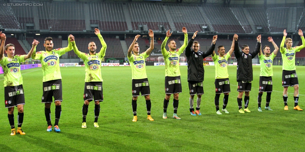 Wolfsberg - Sturm Graz
Oesterreichische Fussball Bundesliga, 15. Runde, Wolfsberger AC - SK Sturm Graz, Woertherseestadion Klagenfurt, 08.11.2014. 

Foto zeigt die Mannschaft von Sturm
Schlüsselwörter: jubel