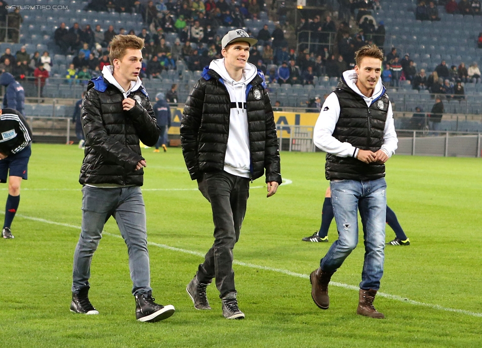 Sturm Graz - RB Salzburg
Oesterreichische Fussball Bundesliga, 16. Runde, SK Sturm Graz - FC RB Salzburg, Stadion Liebenau Graz, 23.11.2014. 

Foto zeigt Marc Andre Schmerboeck (Sturm), Andreas Gruber (Sturm) und Reinhold Ranftl (Sturm)
