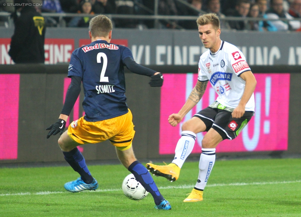 Sturm Graz - RB Salzburg
Oesterreichische Fussball Bundesliga, 16. Runde, SK Sturm Graz - FC RB Salzburg, Stadion Liebenau Graz, 23.11.2014. 

Foto zeigt Benno Schmitz (Salzburg) und Thorsten Schick (Sturm)
Schlüsselwörter: kopfball