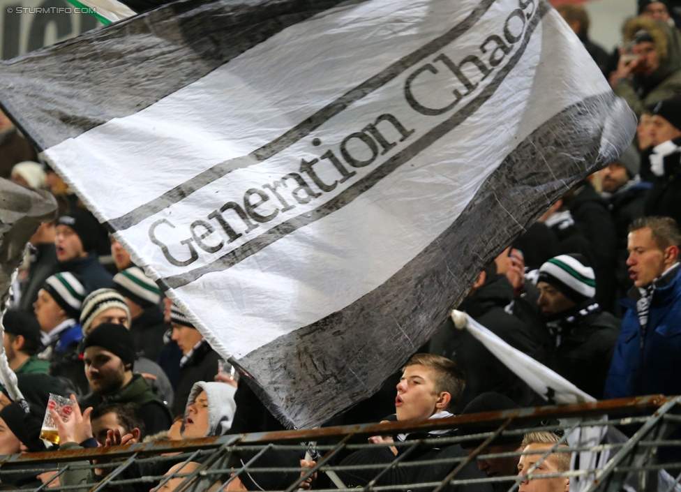 Admira Wacker - Sturm Graz
Oesterreichische Fussball Bundesliga, 17. Runde, FC Admira Wacker Moedling, Stadion Suedstadt Maria Enzersdorf, 29.11.2014. 

Foto zeigt Fans von Sturm
