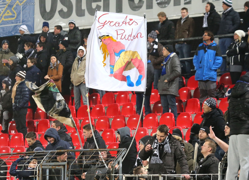 Admira Wacker - Sturm Graz
Oesterreichische Fussball Bundesliga, 17. Runde, FC Admira Wacker Moedling, Stadion Suedstadt Maria Enzersdorf, 29.11.2014. 

Foto zeigt Fans von Sturm
