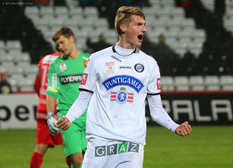 Admira Wacker - Sturm Graz
Oesterreichische Fussball Bundesliga, 17. Runde, FC Admira Wacker Moedling, Stadion Suedstadt Maria Enzersdorf, 29.11.2014. 

Foto zeigt Simon Piesinger (Sturm)
Schlüsselwörter: torjubel