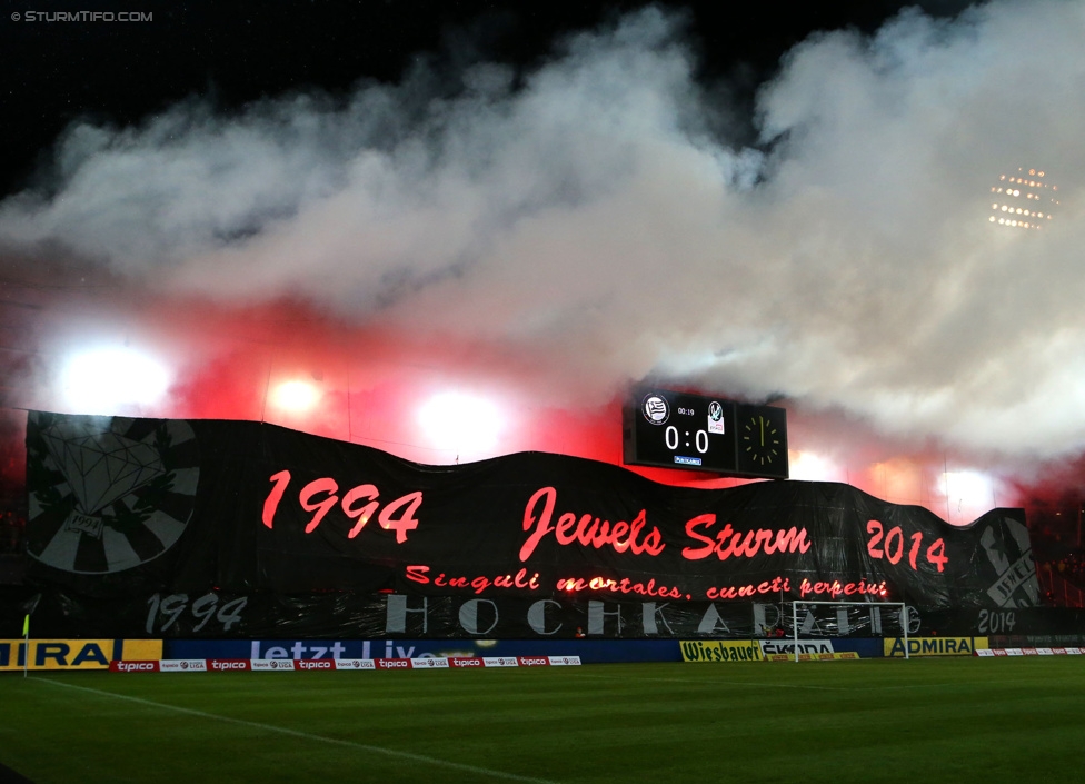 Sturm Graz - Ried
Oesterreichische Fussball Bundesliga, 18. Runde, SK Sturm Graz - SV Ried, Stadion Liebenau Graz, 06.12.2014. 

Foto zeigt Fans von Sturm mit einer Choreografie
Schlüsselwörter: pyrotechnik