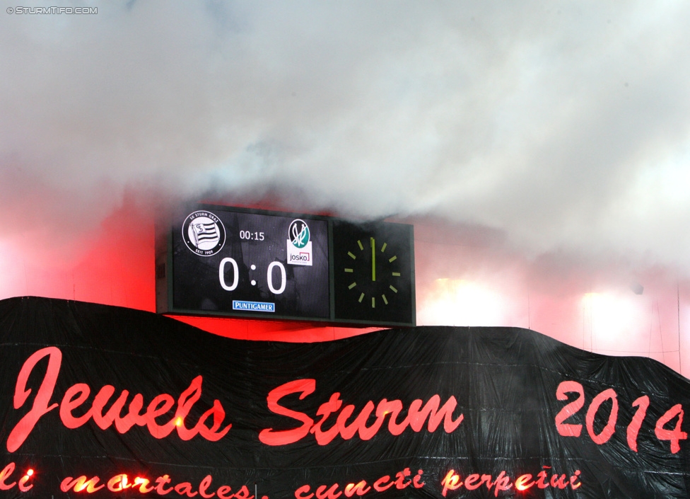 Sturm Graz - Ried
Oesterreichische Fussball Bundesliga, 18. Runde, SK Sturm Graz - SV Ried, Stadion Liebenau Graz, 06.12.2014. 

Foto zeigt Fans von Sturm mit einer Choreografie
Schlüsselwörter: pyrotechnik