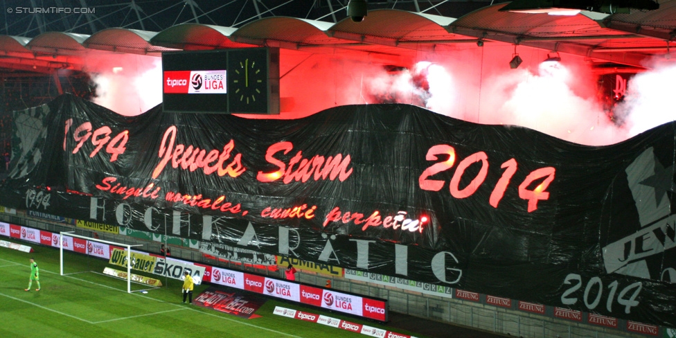 Sturm Graz - Ried
Oesterreichische Fussball Bundesliga, 18. Runde, SK Sturm Graz - SV Ried, Stadion Liebenau Graz, 06.12.2014. 

Foto zeigt Fans von Sturm mit einer Choreografie
Schlüsselwörter: pyrotechnik