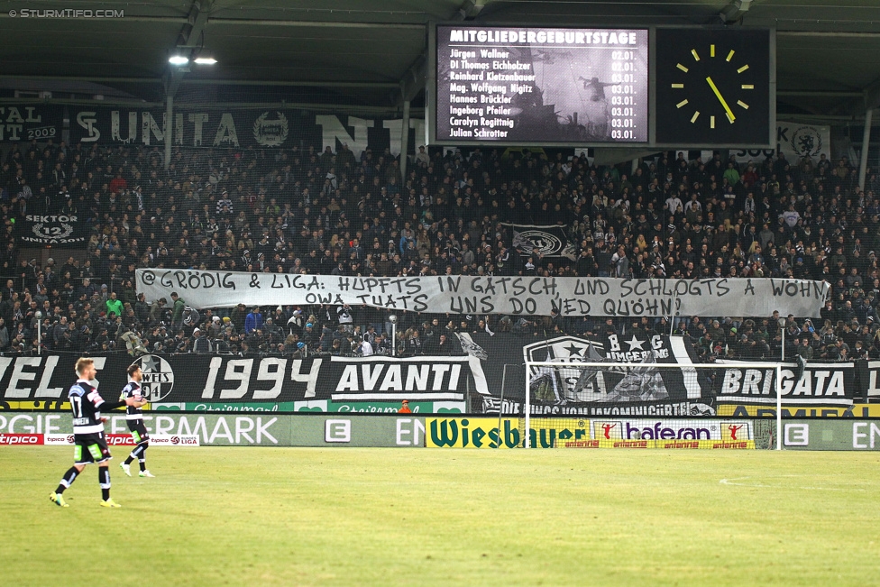 Sturm Graz - Wr. Neustadt
Oesterreichische Fussball Bundesliga, 21. Runde, SK Sturm Graz - SC Wiener Neustadt, Stadion Liebenau Graz, 21.02.2015. 

Foto zeigt Fans von Sturm mit einem Spruchband
