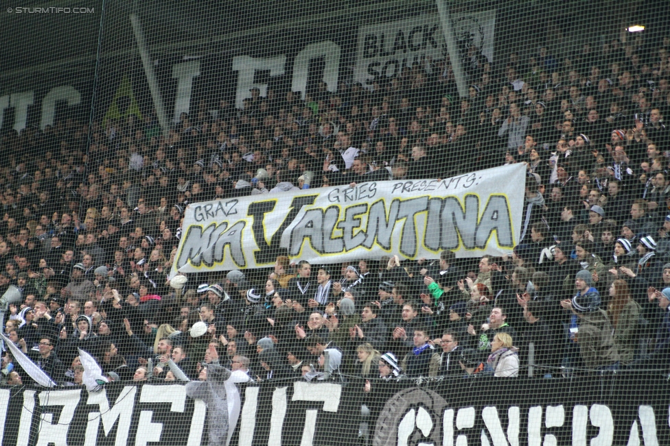 Sturm Graz - Wr. Neustadt
Oesterreichische Fussball Bundesliga, 21. Runde, SK Sturm Graz - SC Wiener Neustadt, Stadion Liebenau Graz, 21.02.2015. 

Foto zeigt Fans von Sturm mit einem Spruchband
