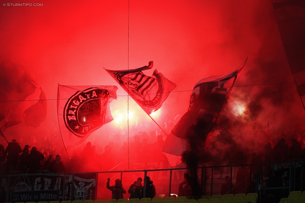 Rapid Wien - Sturm Graz
Oesterreichische Fussball Bundesliga, 22. Runde, SK Rapid Wien - SK Sturm Graz, Ernst Happel Stadion Wien, 28.02.2015. 

Foto zeigt Fans von Sturm
Schlüsselwörter: pyrotechnik