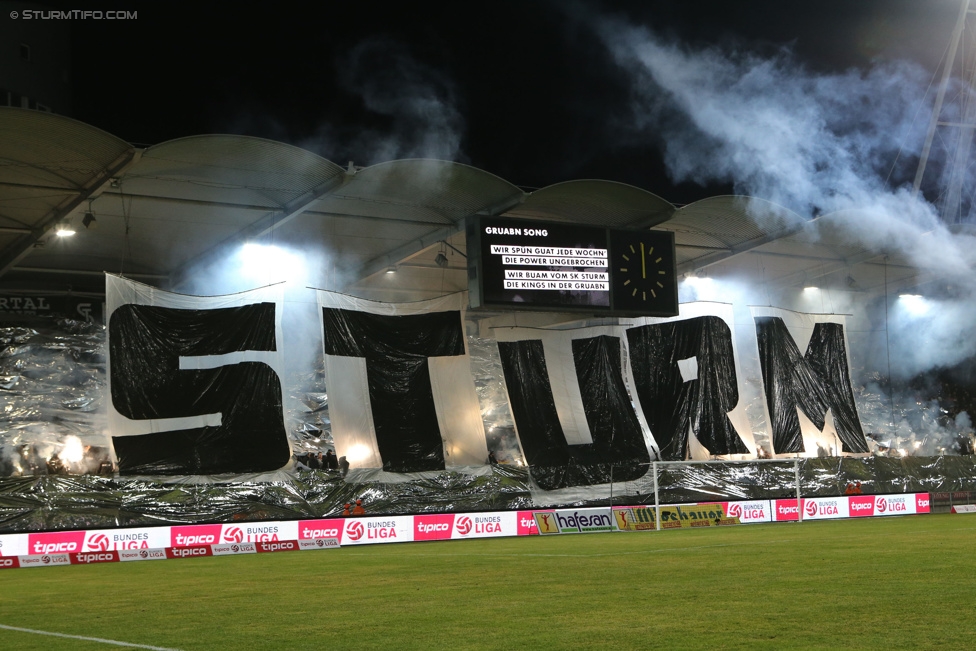 Sturm Graz - Austria Wien
Oesterreichische Fussball Bundesliga, 23. Runde, SK Sturm Graz - FK Austria Wien, Stadion Liebenau Graz, 03.03.2015. 

Foto zeigt Fans von Sturm mit einer Choreografie
Schlüsselwörter: pyrotechnik