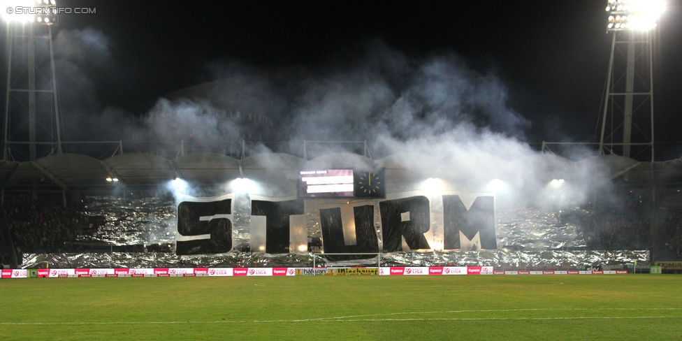 Sturm Graz - Austria Wien
Oesterreichische Fussball Bundesliga, 23. Runde, SK Sturm Graz - FK Austria Wien, Stadion Liebenau Graz, 03.03.2015. 

Foto zeigt Fans von Sturm mit einer Choreografie
Schlüsselwörter: pyrotechnik