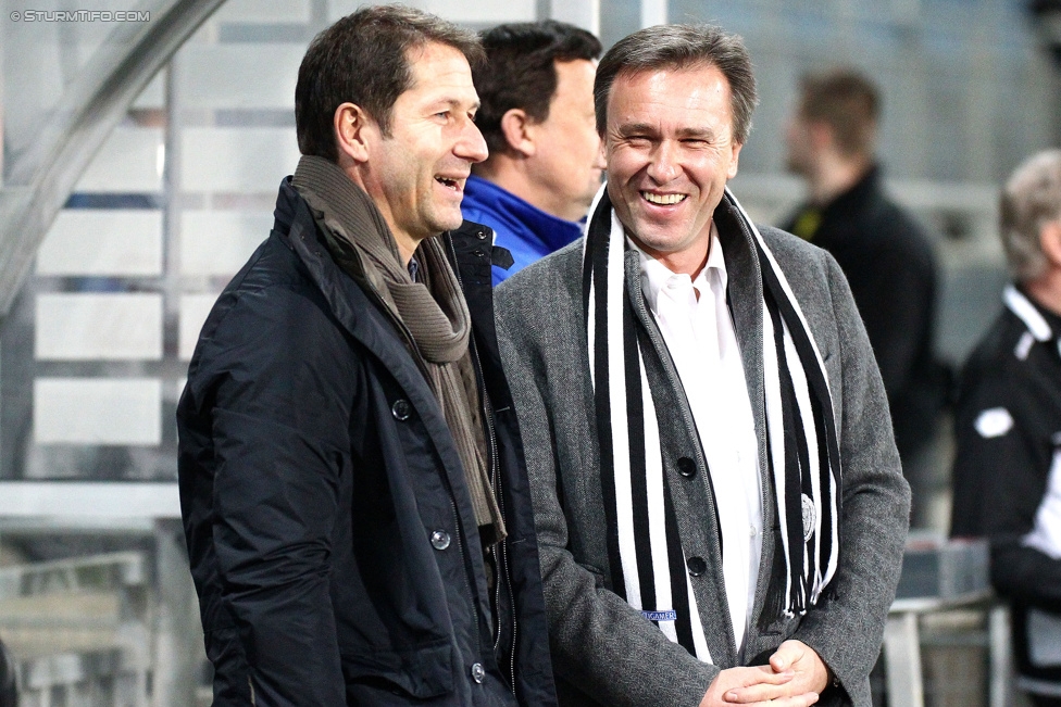 Sturm Graz - Austria Wien
Oesterreichische Fussball Bundesliga, 23. Runde, SK Sturm Graz - FK Austria Wien, Stadion Liebenau Graz, 03.03.2015. 

Foto zeigt Franco Foda (Cheftrainer Sturm) und Christian Jauk (Praesident Sturm)
Schlüsselwörter: freude