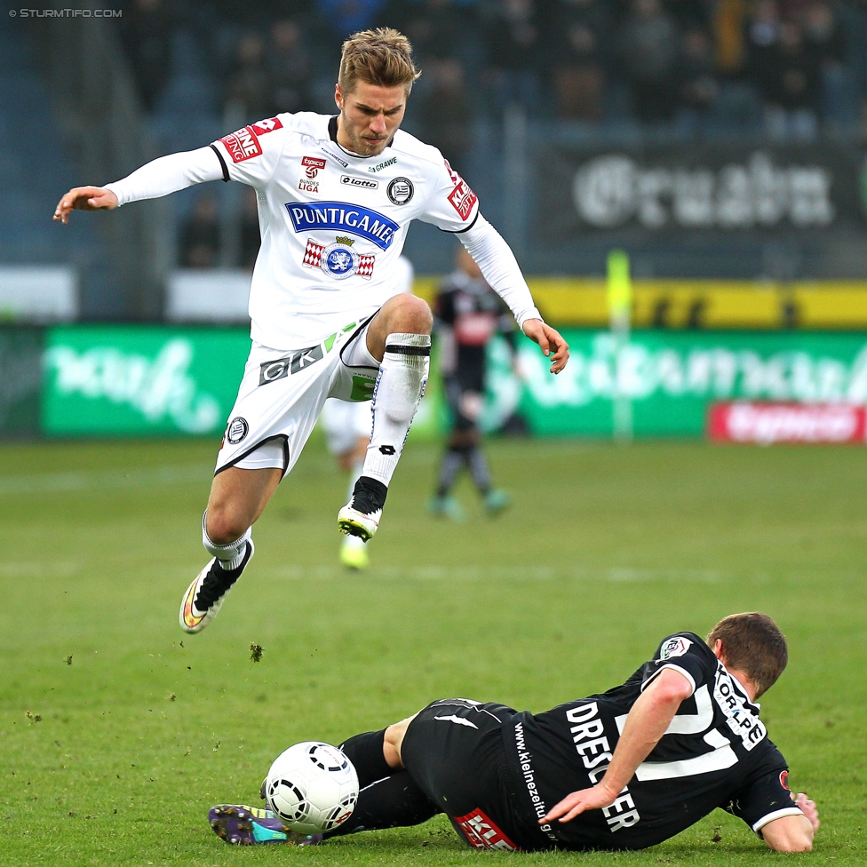 Sturm Graz - Wolfsberg
Oesterreichische Fussball Bundesliga, 24. Runde, SK Sturm Graz - Wolfsberg AC, Stadion Liebenau Graz, 07.03.2015. 

Foto zeigt Thorsten Schick (Sturm) und Daniel Drescher (Wolfsberg)
