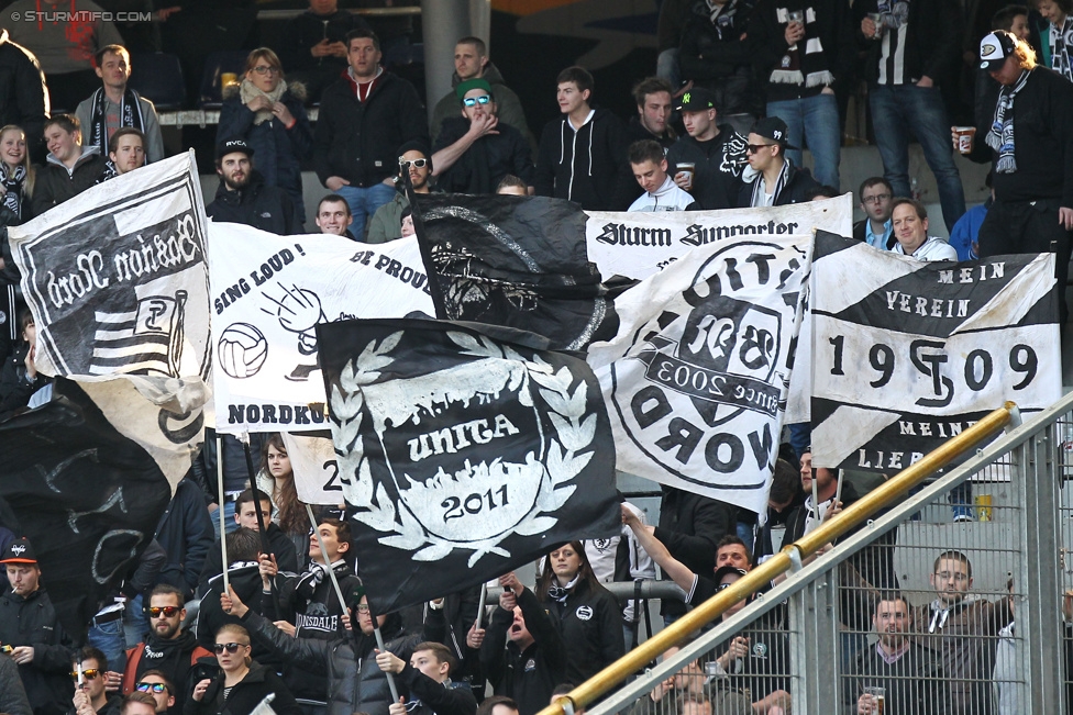 RB Salzburg - Sturm Graz
Oesterreichische Fussball Bundesliga, 25. Runde, FC RB Salzburg - SK Sturm Graz, Stadion Wals-Siezenheim, 15.03.2015. 

Foto zeigt Fans von Sturm
