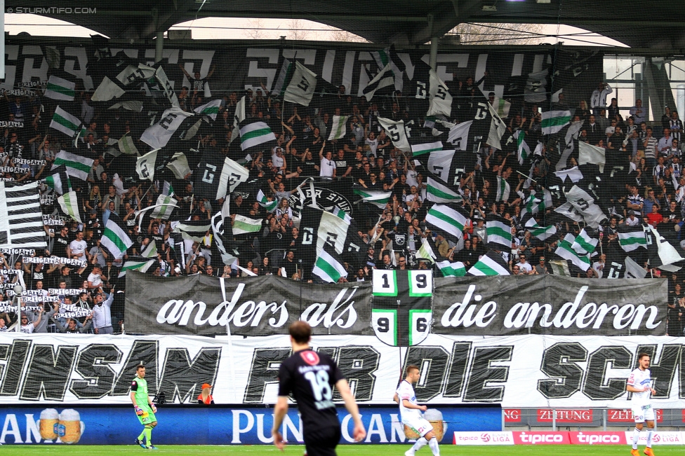 Sturm Graz - Altach
Oesterreichische Fussball Bundesliga, 28. Runde, SK Sturm Graz - SCR Altach, Stadion Liebenau Graz, 11.04.2015. 

Foto zeigt Fans von Sturm mit einer Choreografie
