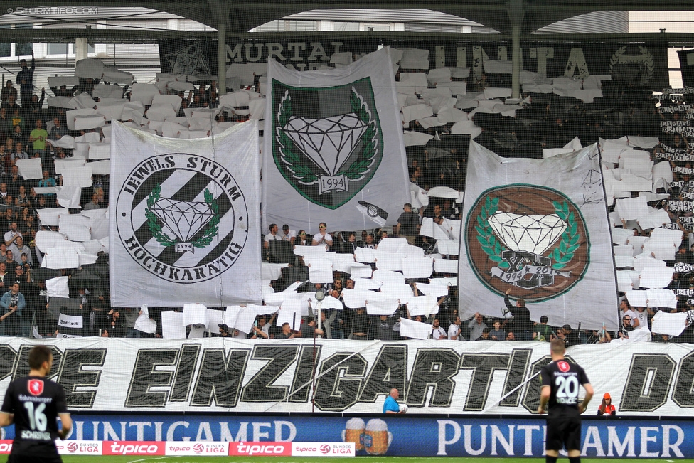 Sturm Graz - Altach
Oesterreichische Fussball Bundesliga, 28. Runde, SK Sturm Graz - SCR Altach, Stadion Liebenau Graz, 11.04.2015. 

Foto zeigt Fans von Sturm mit einer Choreografie
