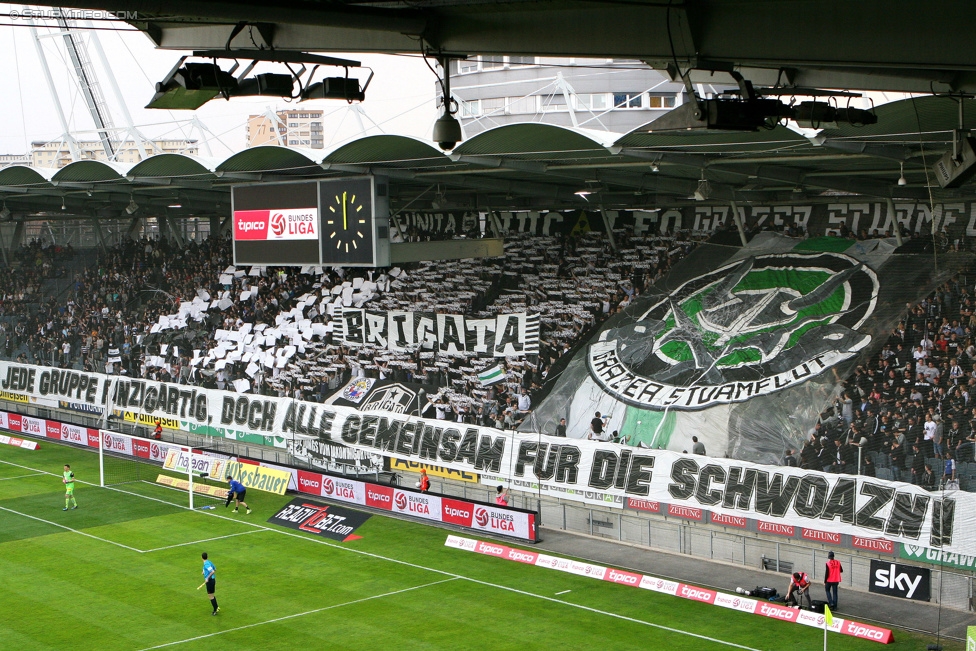 Sturm Graz - Altach
Oesterreichische Fussball Bundesliga, 28. Runde, SK Sturm Graz - SCR Altach, Stadion Liebenau Graz, 11.04.2015. 

Foto zeigt Fans von Sturm mit einer Choreografie
